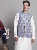 Jompers Men's Blue and Golden Printed Nehru Jacket