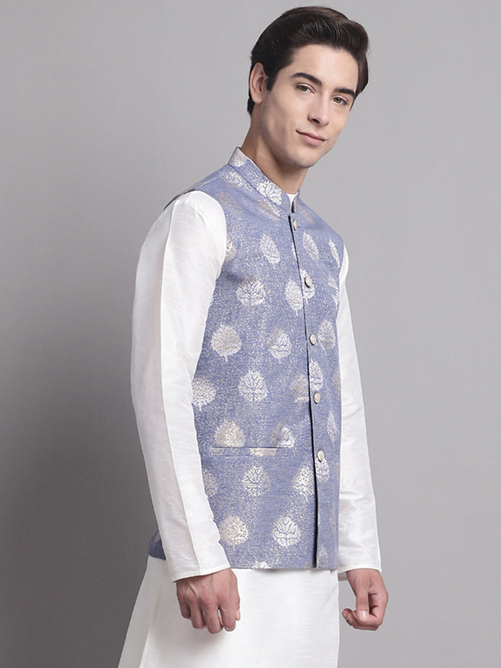 Jompers Men's Blue and Golden Printed Nehru Jacket