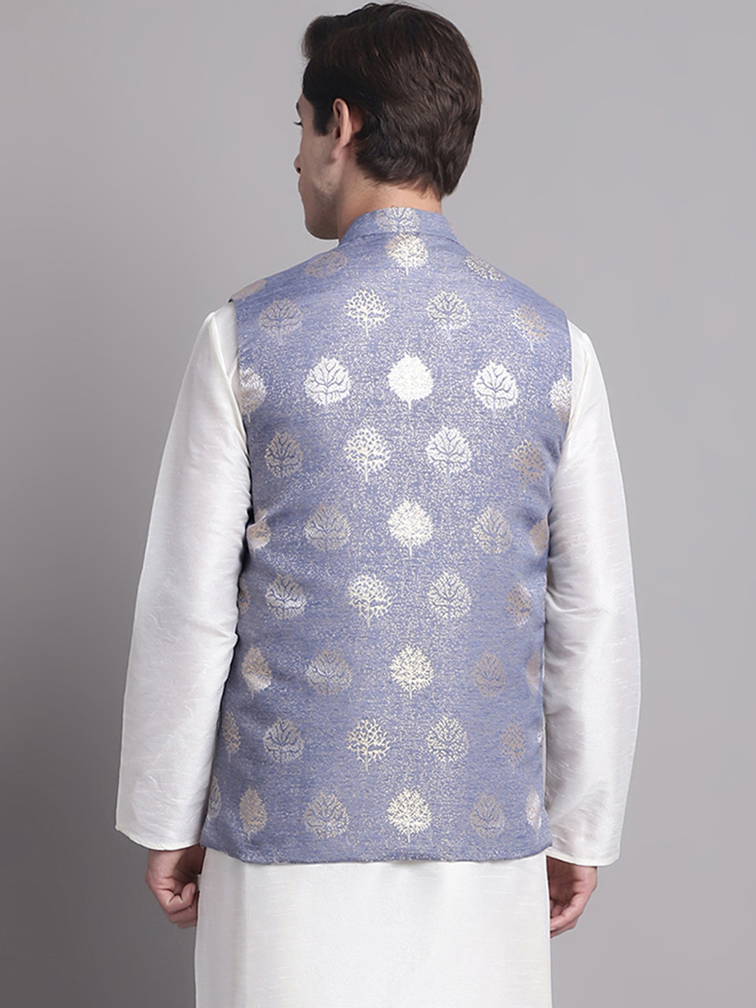 Jompers Men's Blue and Golden Printed Nehru Jacket