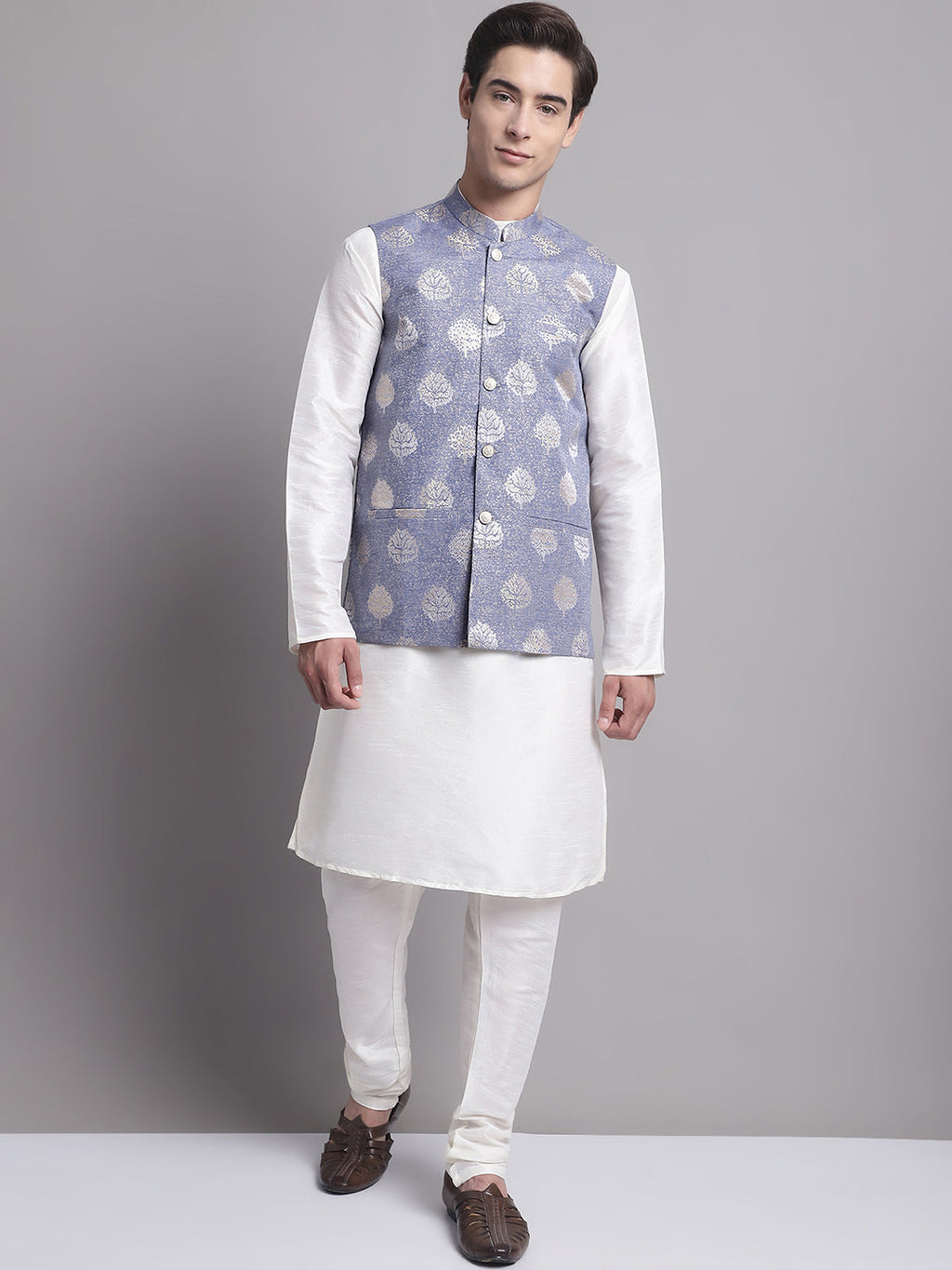 Jompers Men's Blue and Golden Printed Nehru Jacket