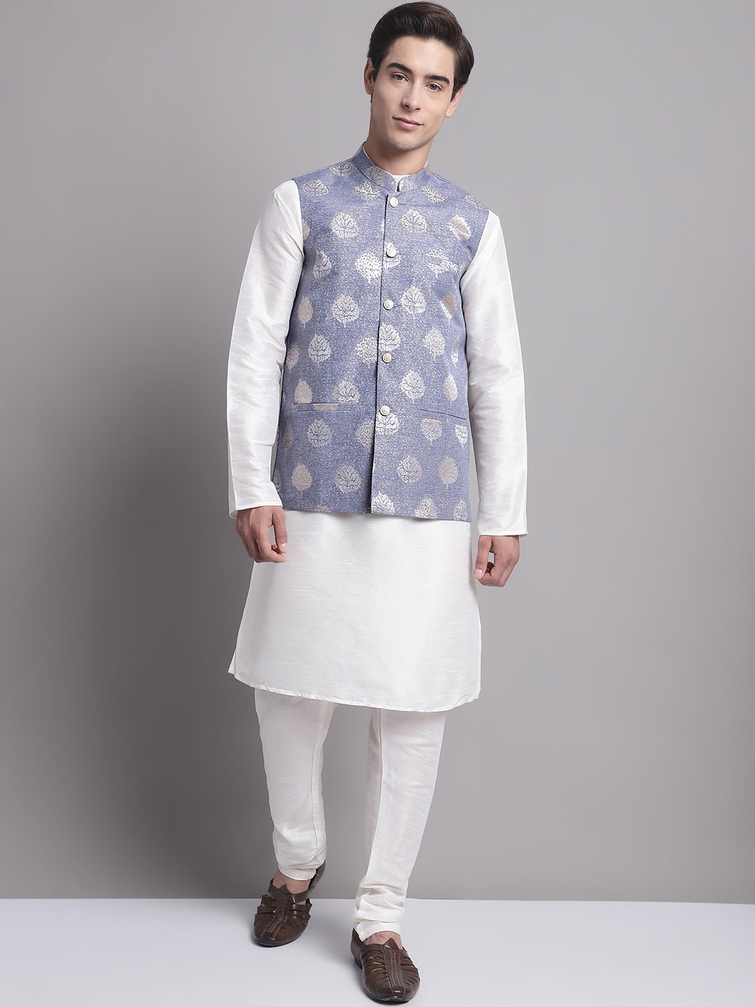 Jompers Men's Blue and Golden Printed Nehru Jacket