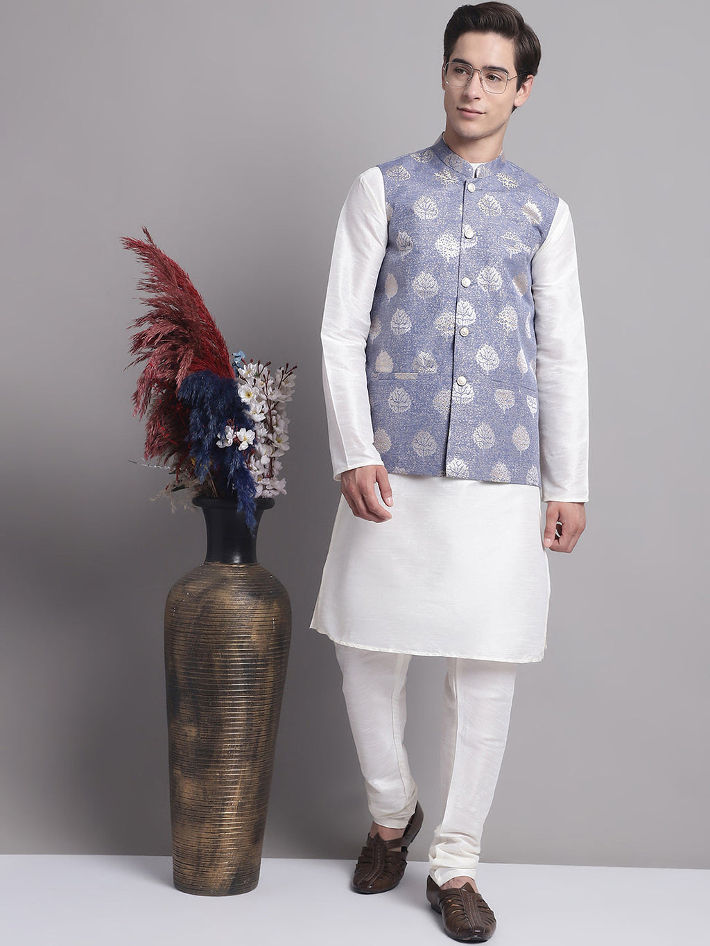 Jompers Men's Blue and Golden Printed Nehru Jacket