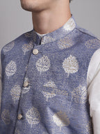 Jompers Men's Blue and Golden Printed Nehru Jacket