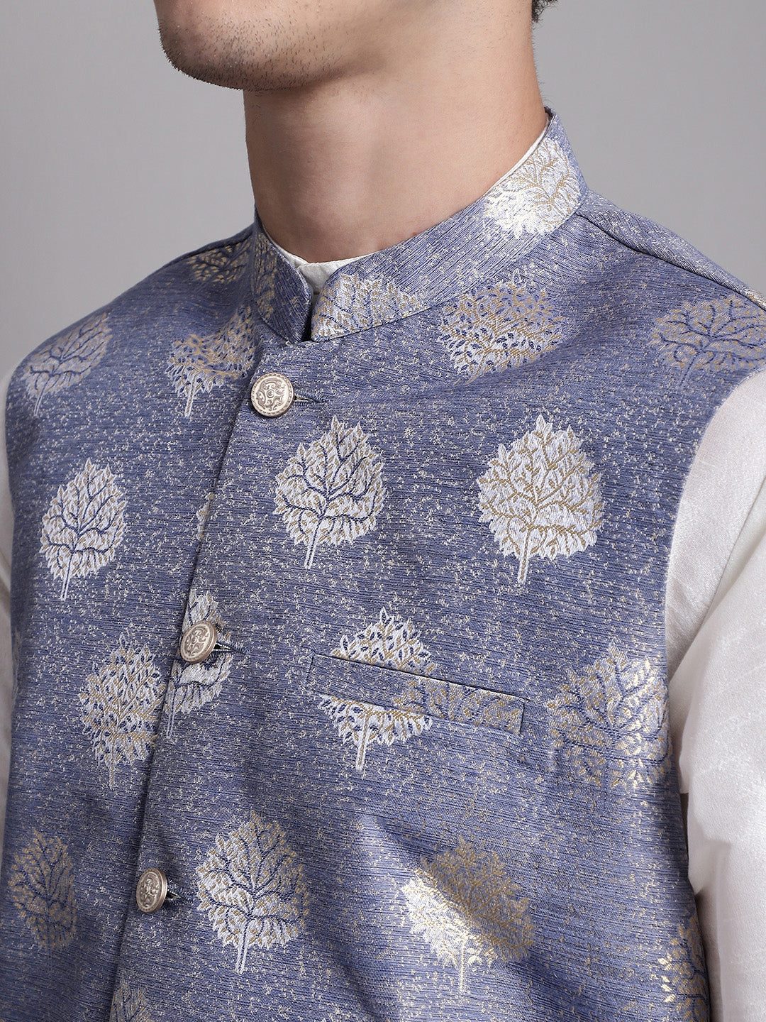 Jompers Men's Blue and Golden Printed Nehru Jacket