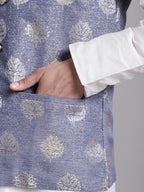 Jompers Men's Blue and Golden Printed Nehru Jacket