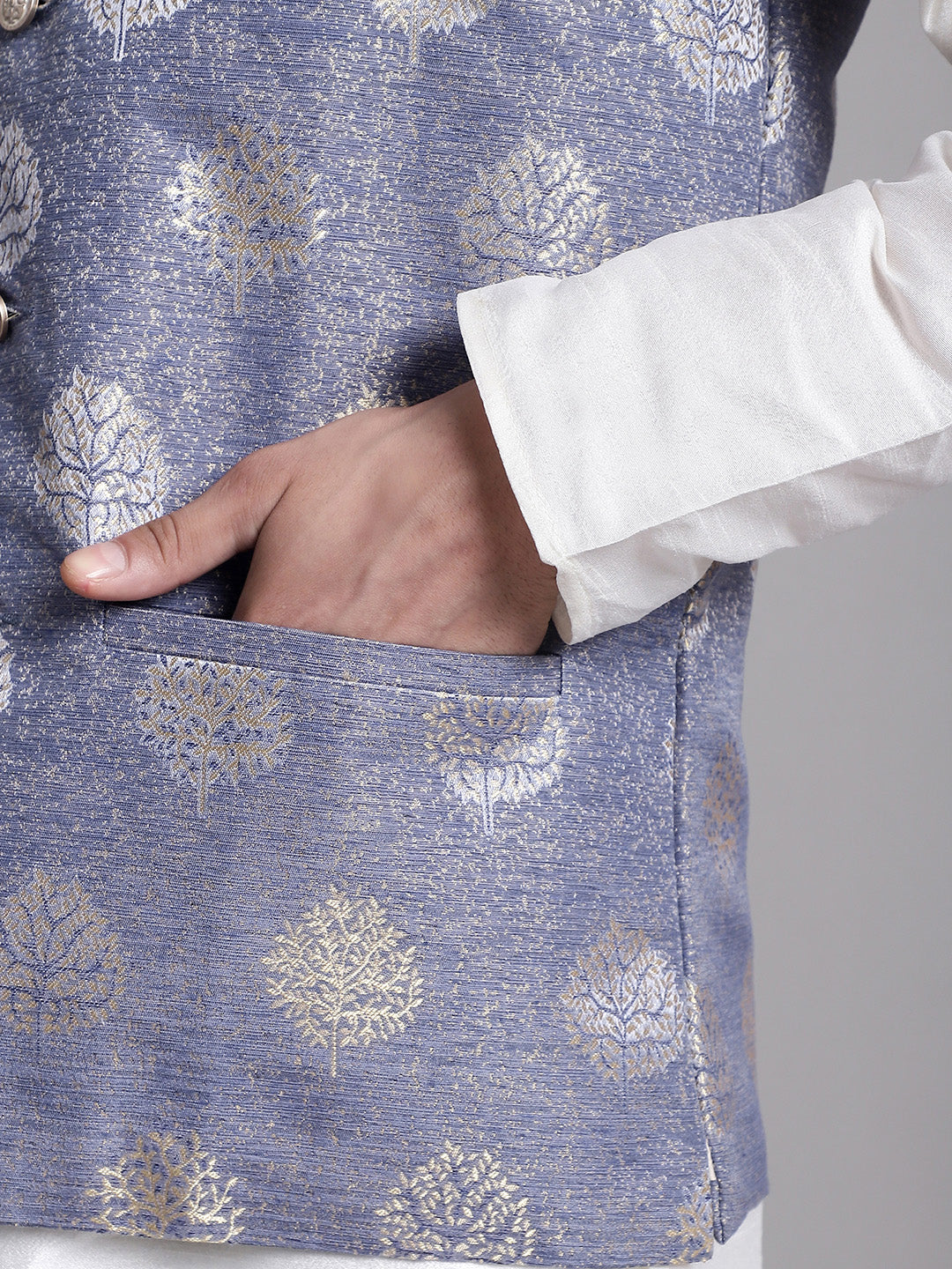 Jompers Men's Blue and Golden Printed Nehru Jacket