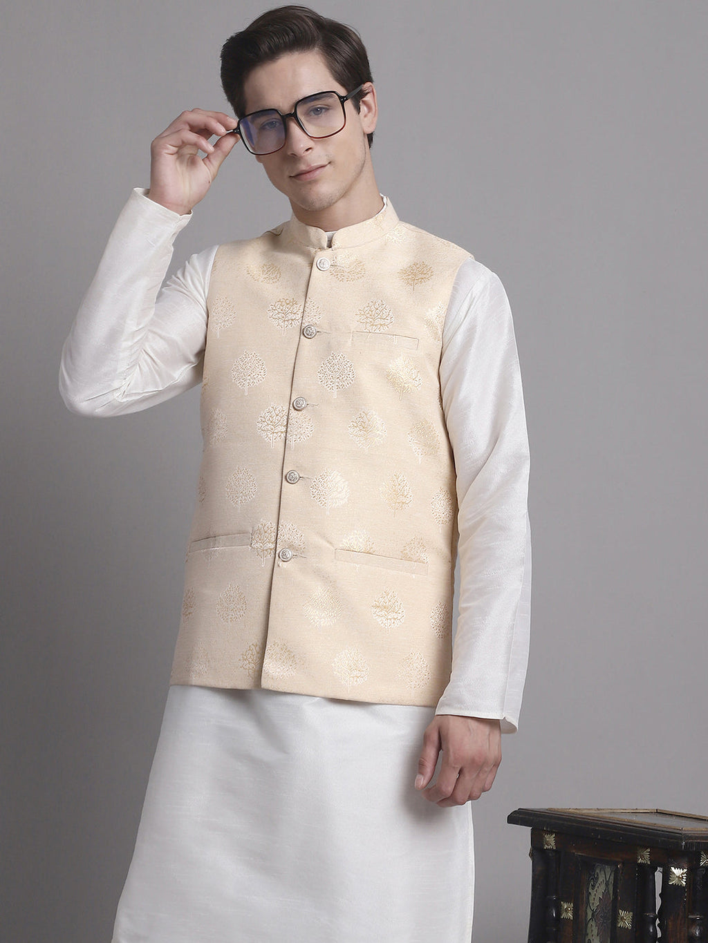 Jompers Men's Cream and Golden Printed Nehru Jacket