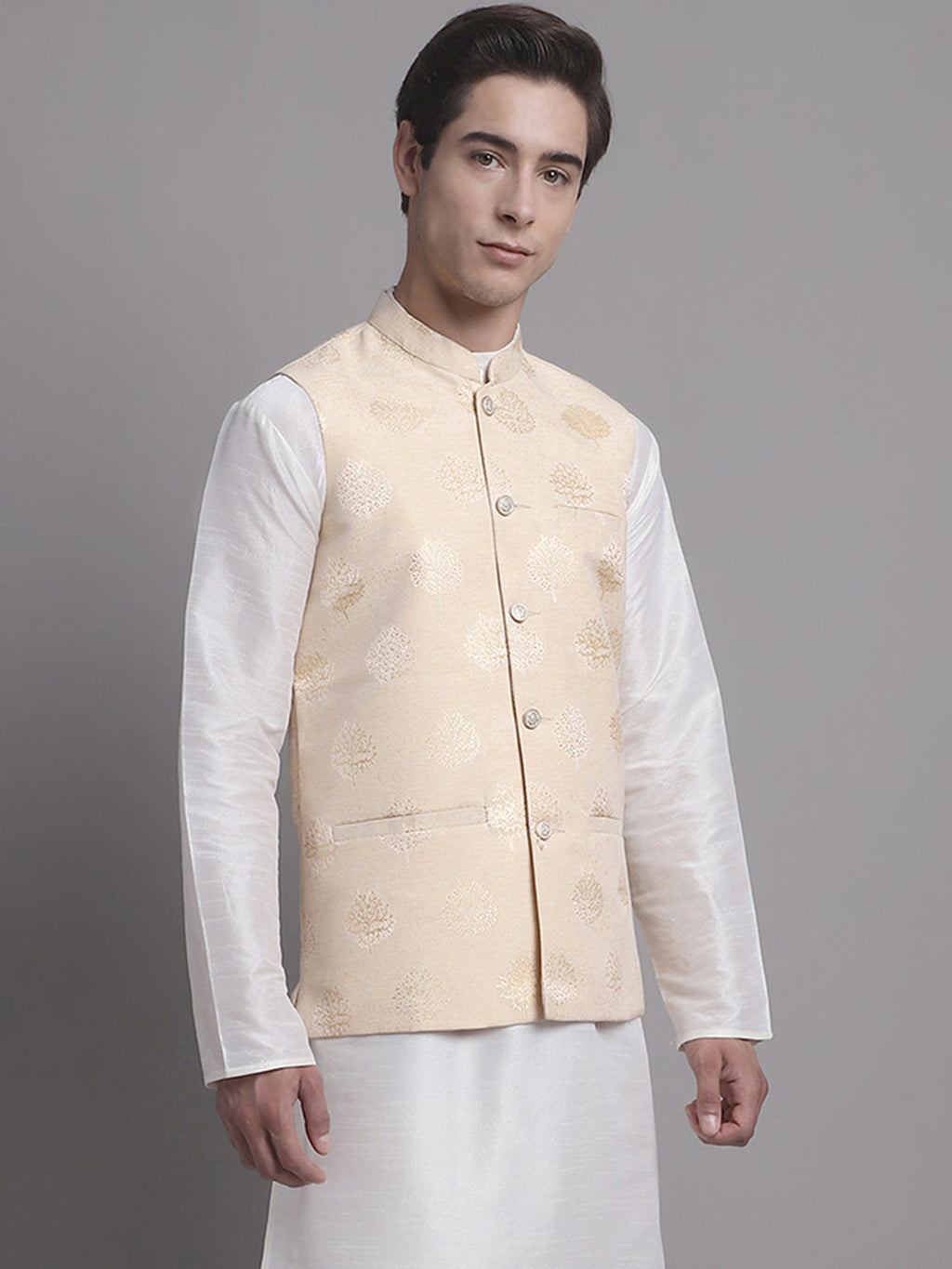 Jompers Men's Cream and Golden Printed Nehru Jacket