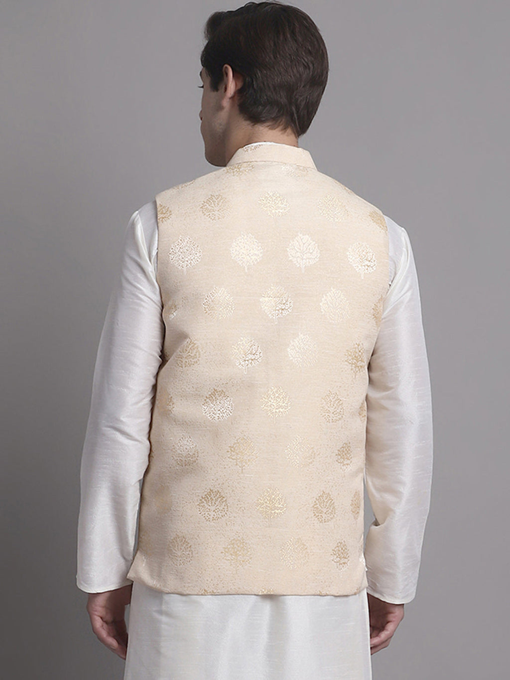 Jompers Men's Cream and Golden Printed Nehru Jacket