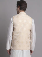 Jompers Men's Cream and Golden Printed Nehru Jacket