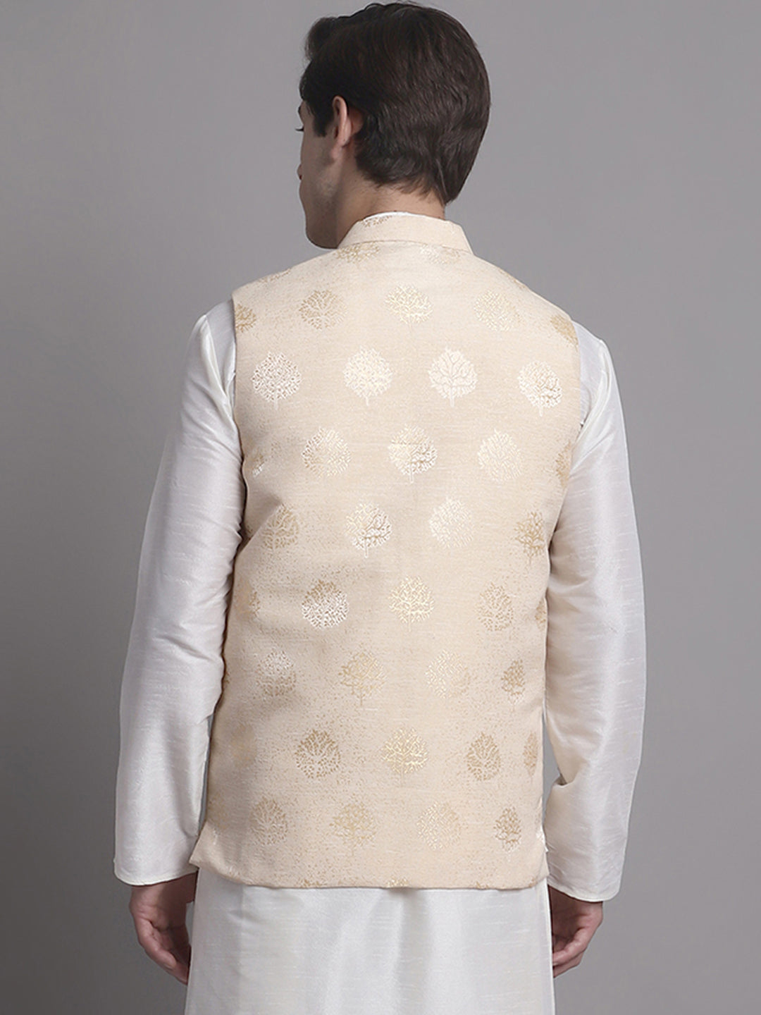 Jompers Men's Cream and Golden Printed Nehru Jacket