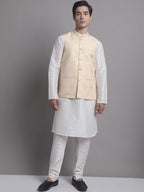 Jompers Men's Cream and Golden Printed Nehru Jacket