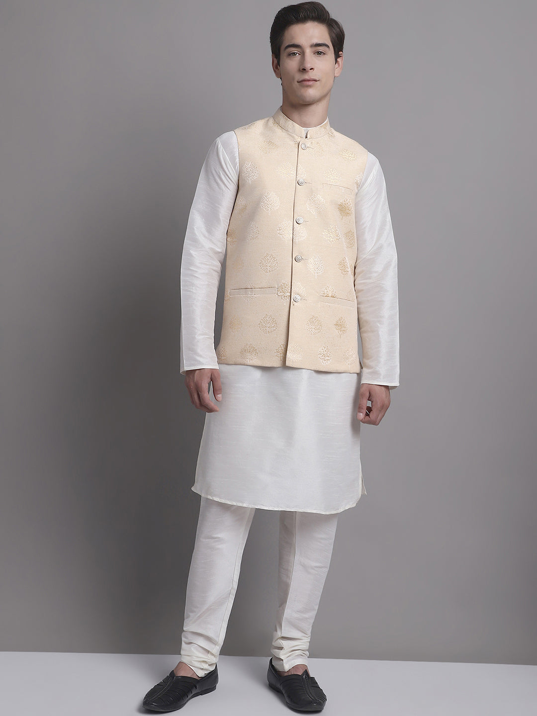 Jompers Men's Cream and Golden Printed Nehru Jacket