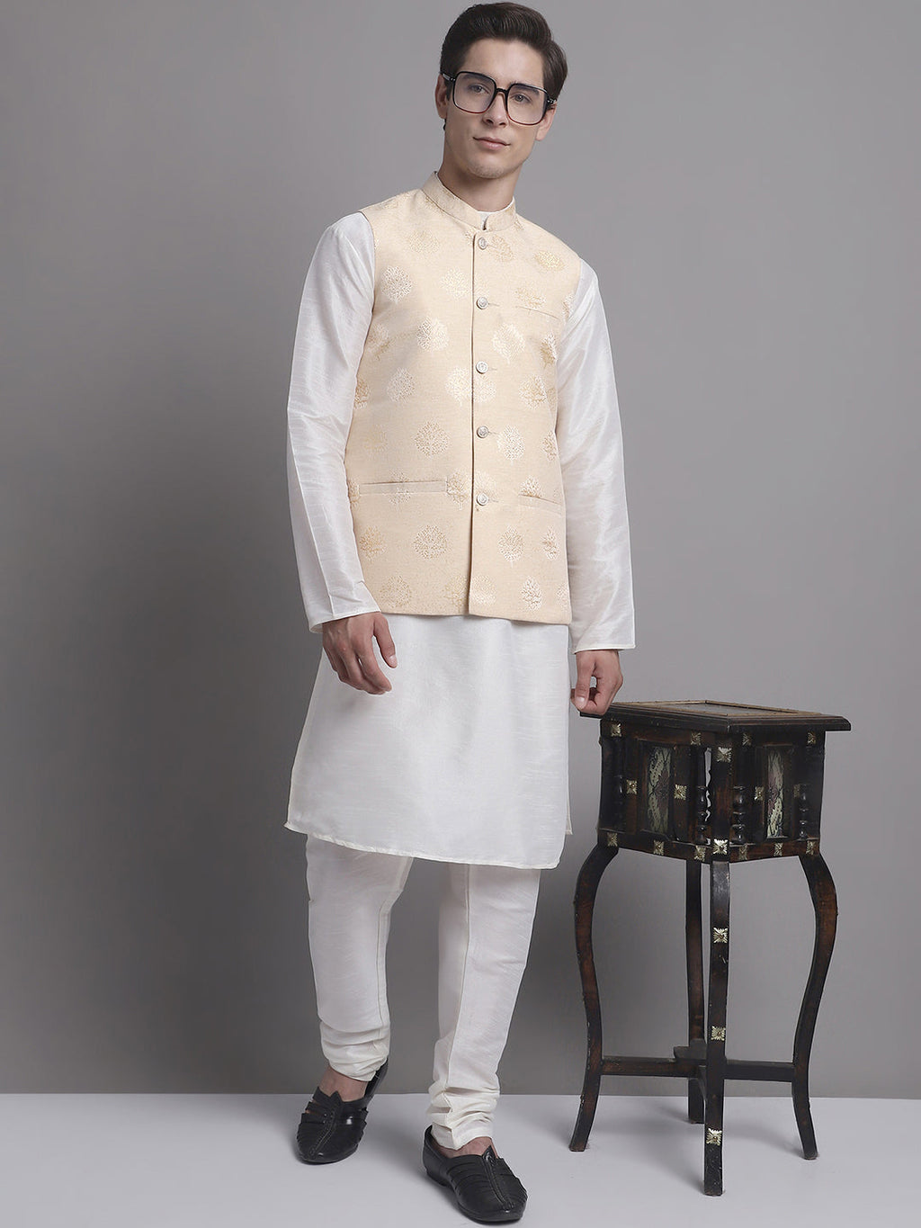 Jompers Men's Cream and Golden Printed Nehru Jacket