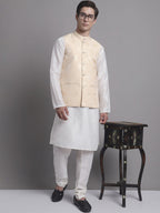 Jompers Men's Cream and Golden Printed Nehru Jacket