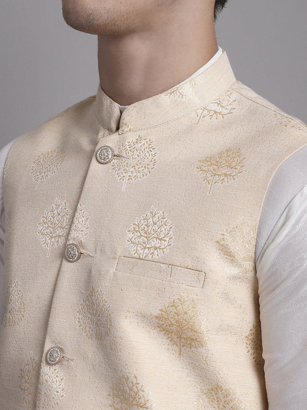 Jompers Men's Cream and Golden Printed Nehru Jacket