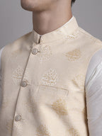 Jompers Men's Cream and Golden Printed Nehru Jacket