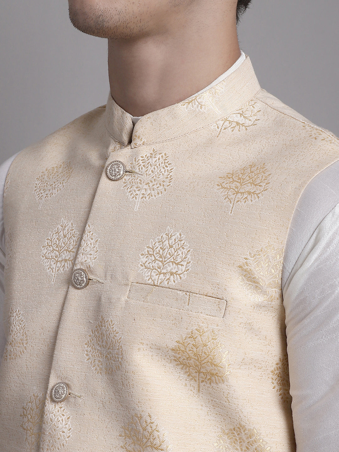Jompers Men's Cream and Golden Printed Nehru Jacket