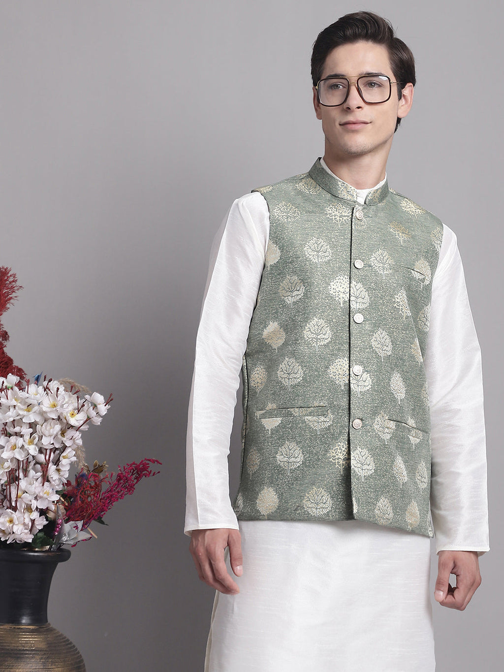 Jompers Men's Green and Golden Printed Nehru Jacket