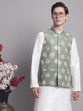 Jompers Men's Green and Golden Printed Nehru Jacket