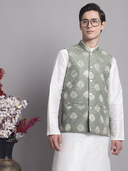 Jompers Men's Green and Golden Printed Nehru Jacket