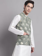Jompers Men's Green and Golden Printed Nehru Jacket