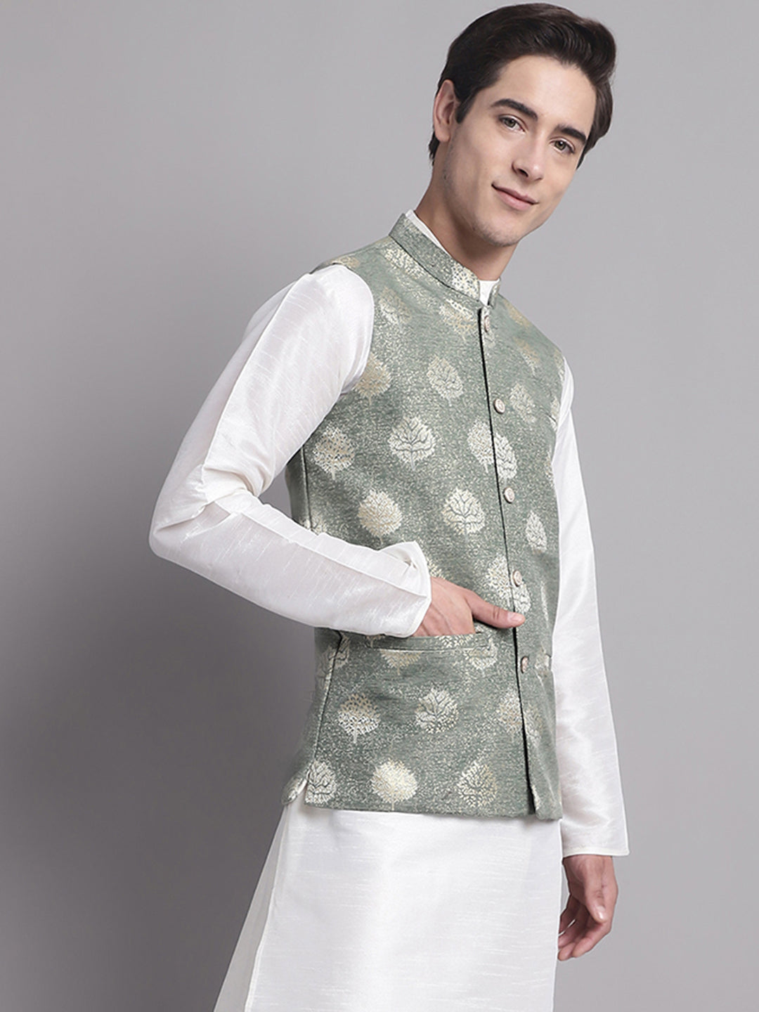 Jompers Men's Green and Golden Printed Nehru Jacket