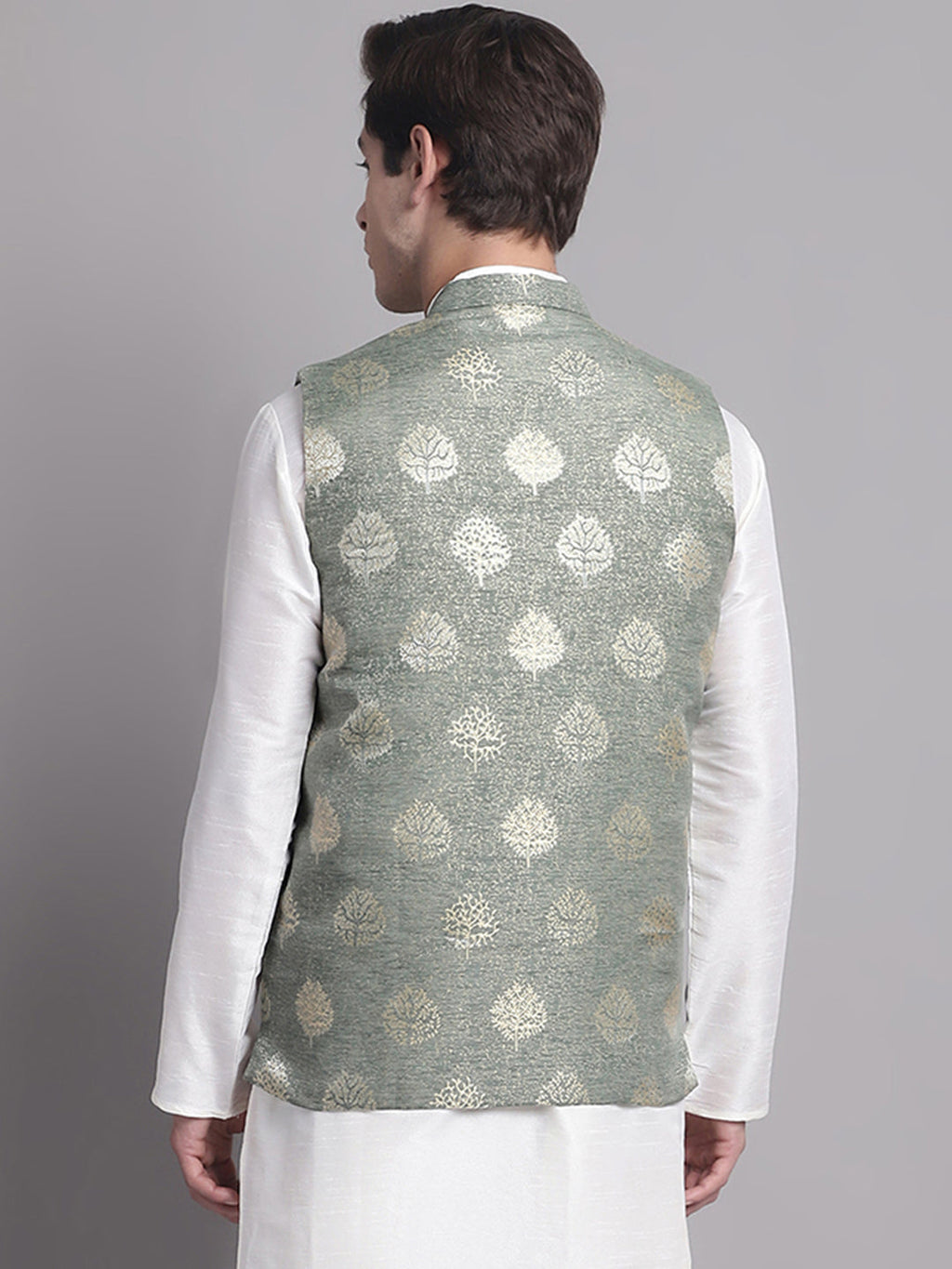 Jompers Men's Green and Golden Printed Nehru Jacket