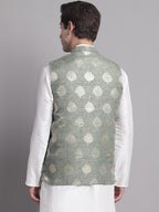 Jompers Men's Green and Golden Printed Nehru Jacket