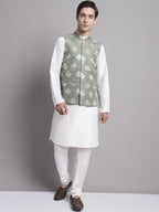 Jompers Men's Green and Golden Printed Nehru Jacket