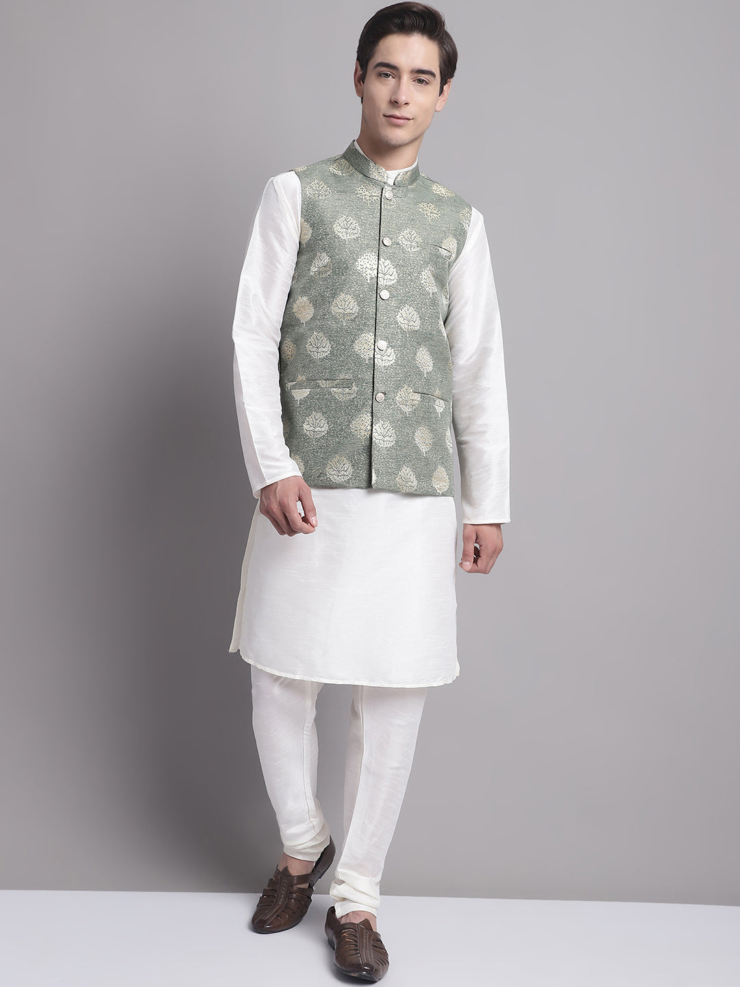 Jompers Men's Green and Golden Printed Nehru Jacket