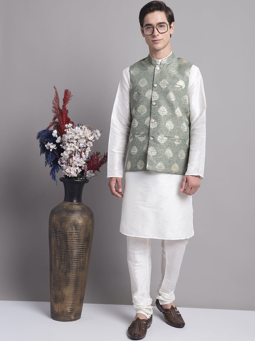 Jompers Men's Green and Golden Printed Nehru Jacket