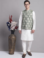 Jompers Men's Green and Golden Printed Nehru Jacket