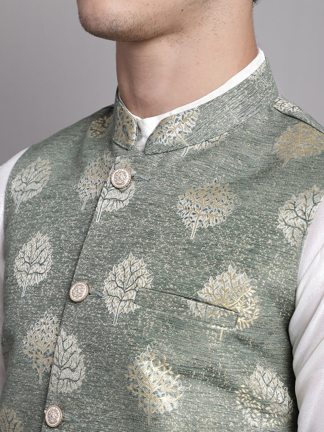 Jompers Men's Green and Golden Printed Nehru Jacket