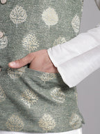 Jompers Men's Green and Golden Printed Nehru Jacket