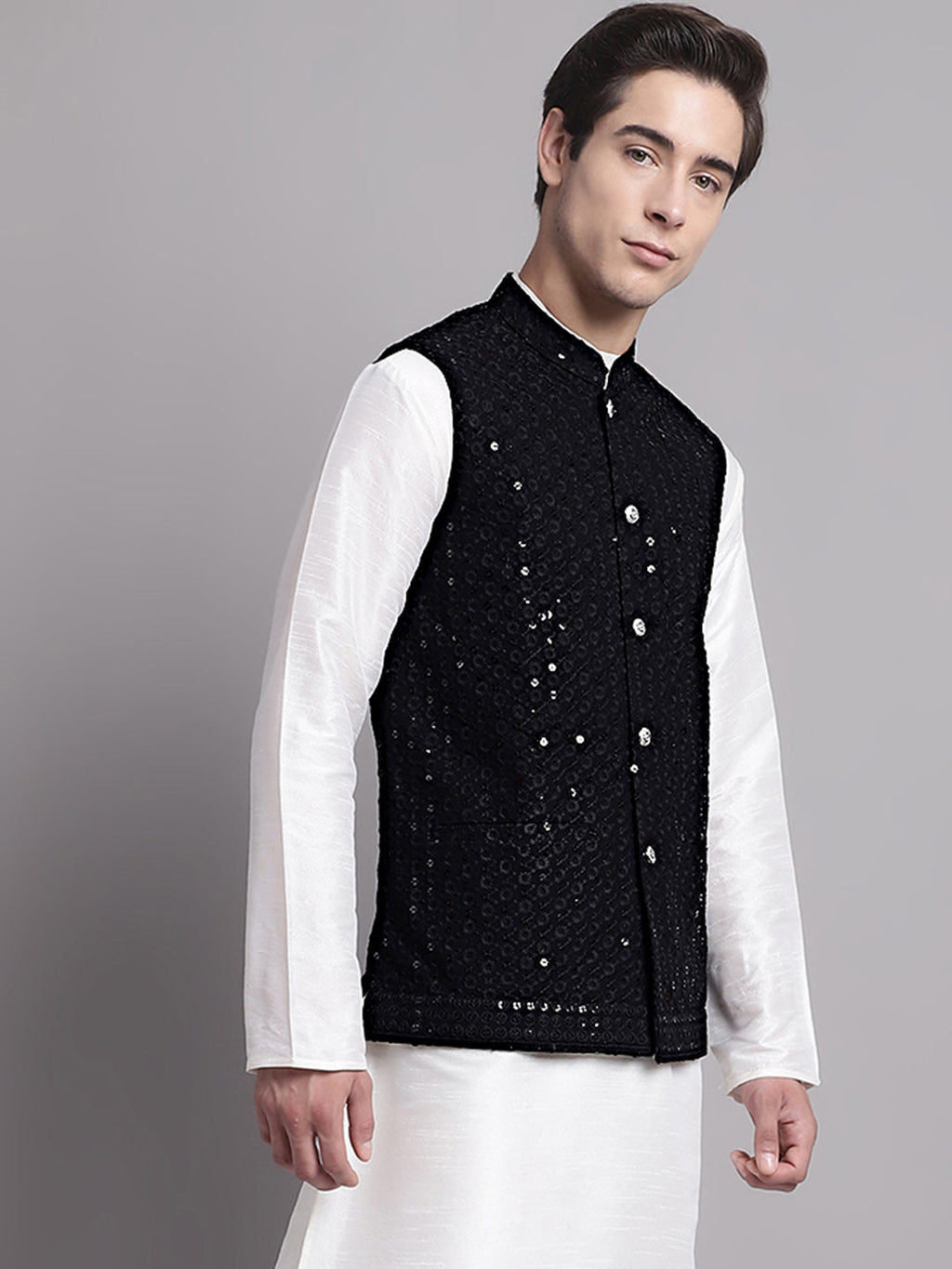 Jompers Men's Black Sequins and Embroidered Nehru Jacket