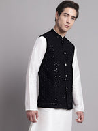 Jompers Men's Black Sequins and Embroidered Nehru Jacket