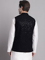 Jompers Men's Black Sequins and Embroidered Nehru Jacket