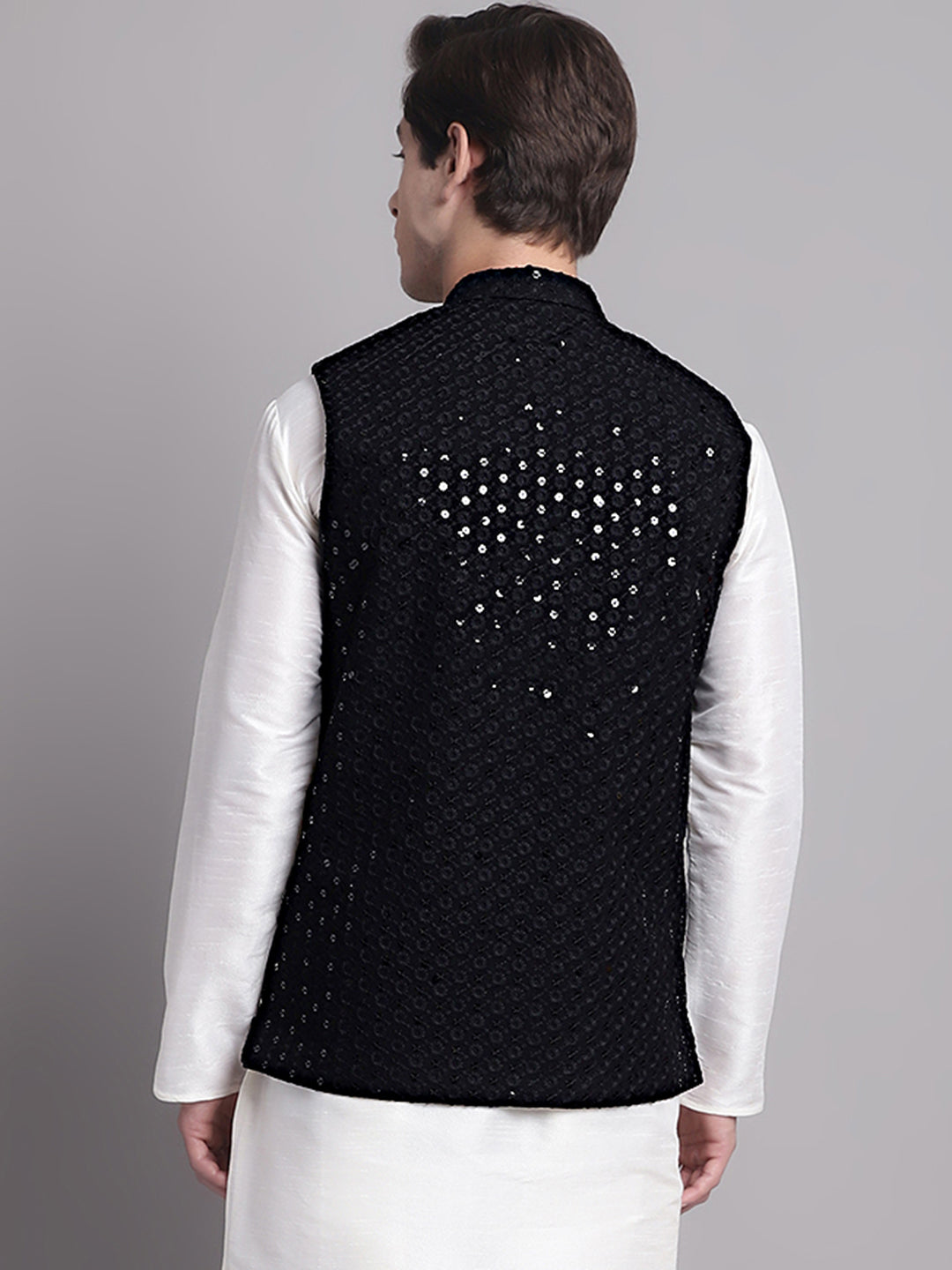 Jompers Men's Black Sequins and Embroidered Nehru Jacket