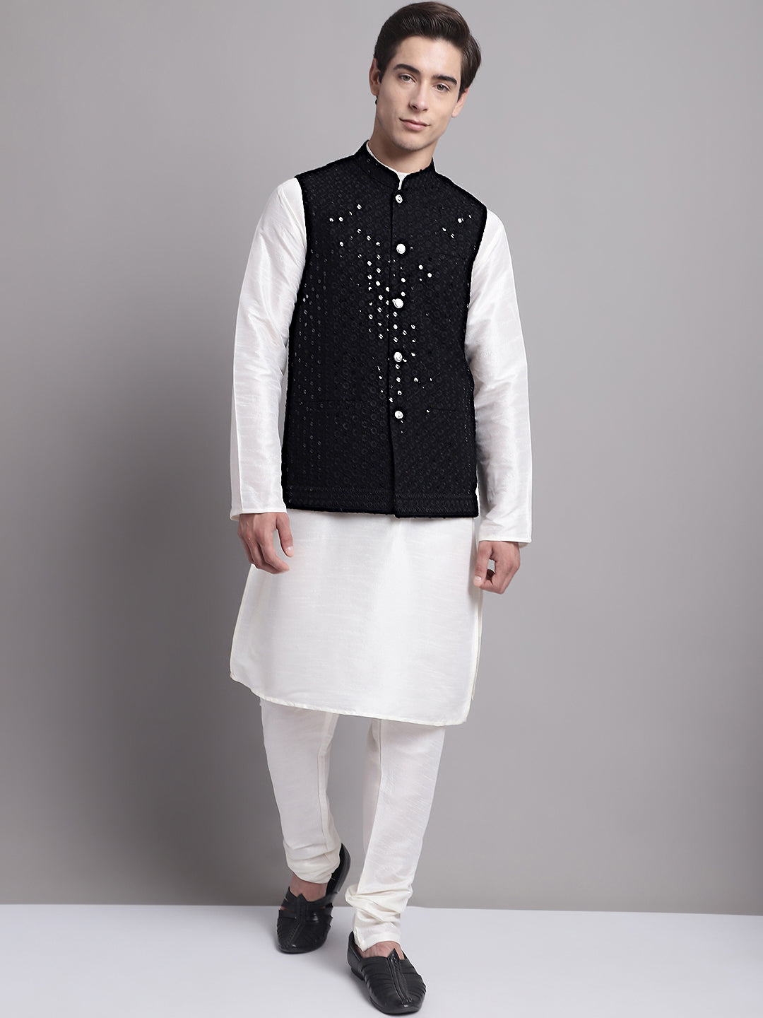 Jompers Men's Black Sequins and Embroidered Nehru Jacket