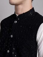 Jompers Men's Black Sequins and Embroidered Nehru Jacket