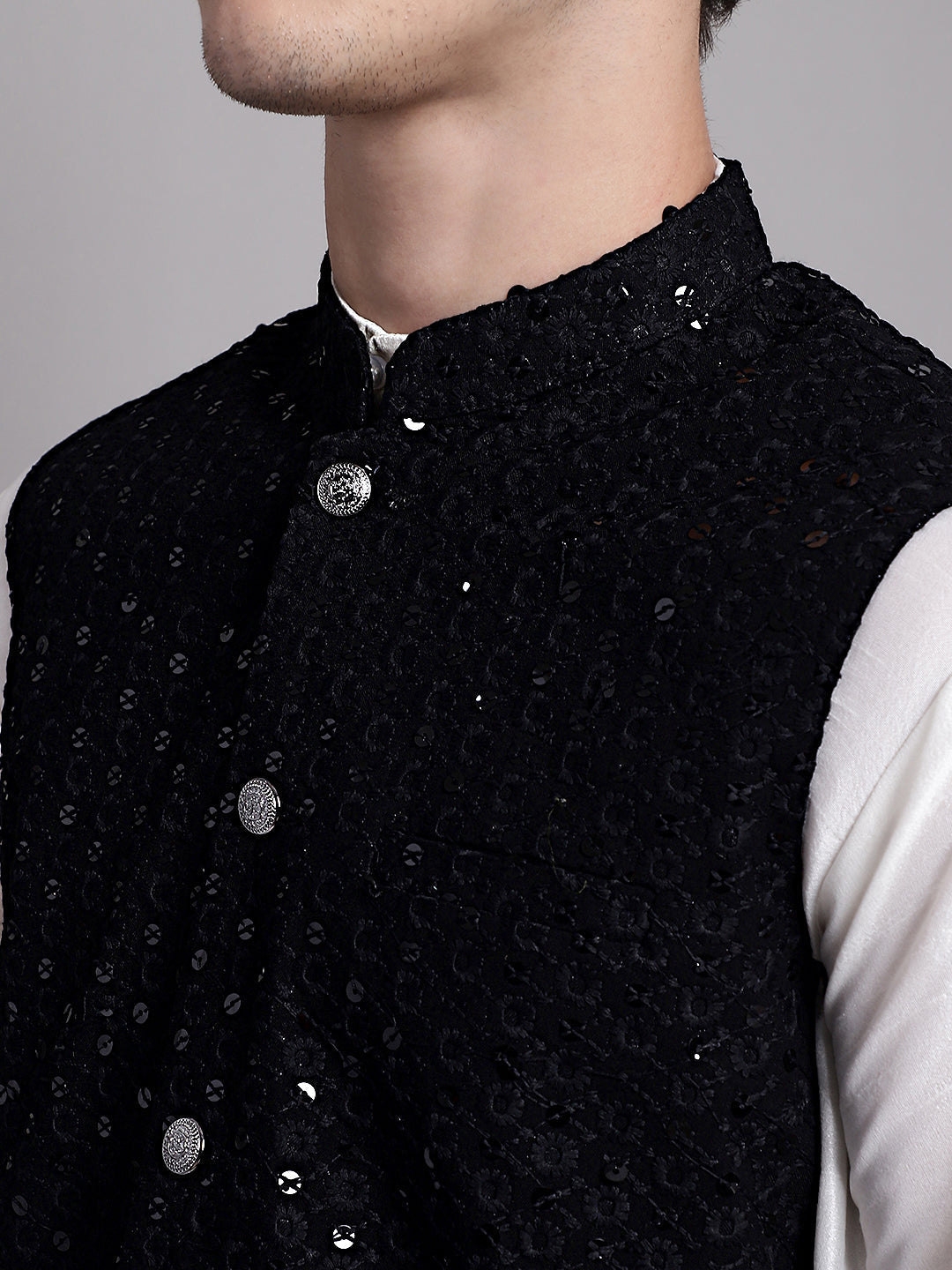 Jompers Men's Black Sequins and Embroidered Nehru Jacket