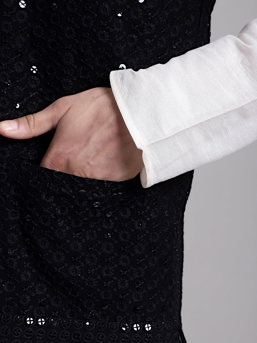 Jompers Men's Black Sequins and Embroidered Nehru Jacket