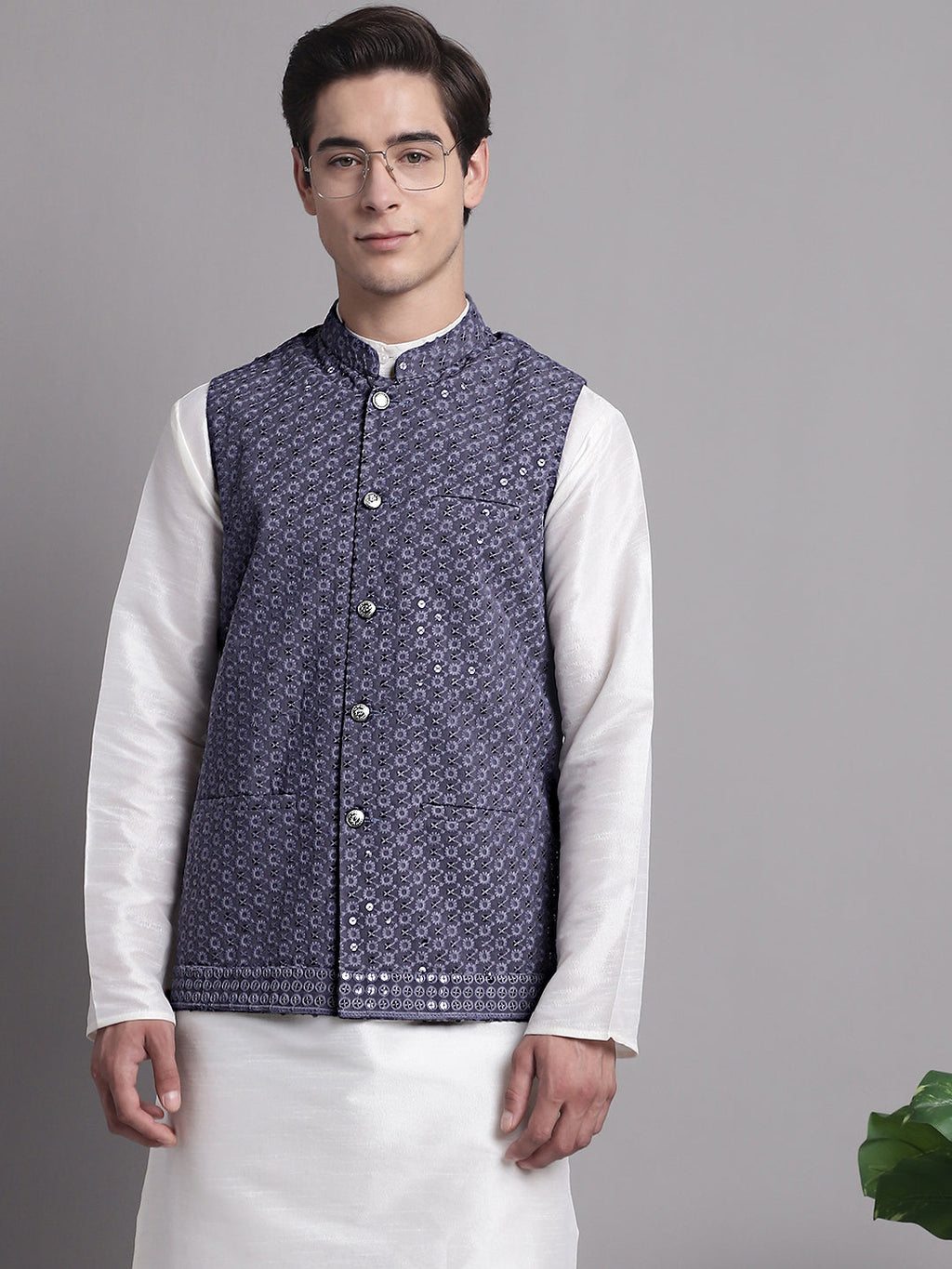 Jompers Men's Grey Sequins and Embroidered Nehru Jacket