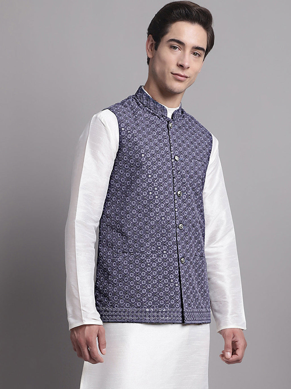 Jompers Men's Grey Sequins and Embroidered Nehru Jacket
