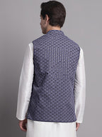 Jompers Men's Grey Sequins and Embroidered Nehru Jacket