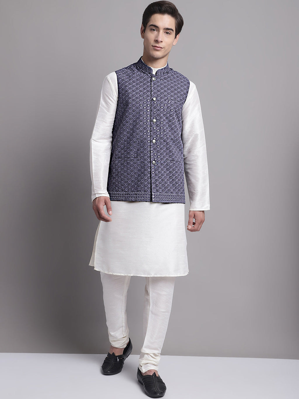 Jompers Men's Grey Sequins and Embroidered Nehru Jacket