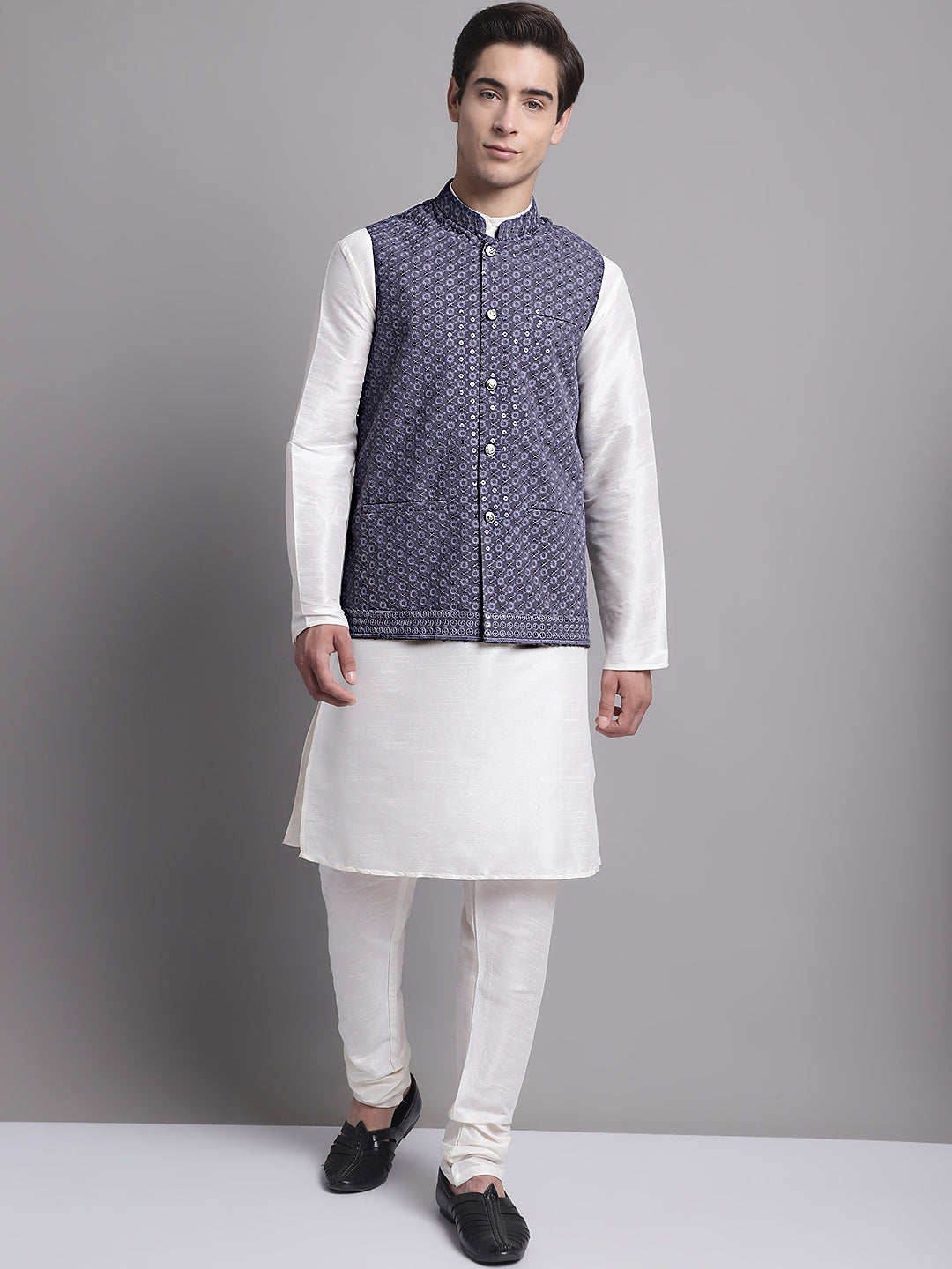 Jompers Men's Grey Sequins and Embroidered Nehru Jacket