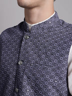 Jompers Men's Grey Sequins and Embroidered Nehru Jacket