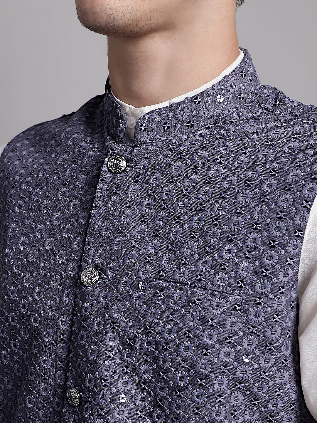 Jompers Men's Grey Sequins and Embroidered Nehru Jacket